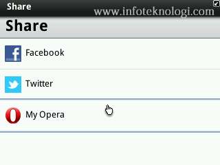 Tampilan share facebook dan twitter di Opera mini 6